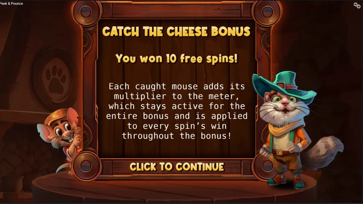 Tampilan visual slot Peek & Pounce dengan karakter kucing Señor Pounce dan tikus di dapur